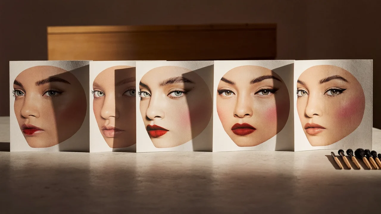 Øvelsesansigter med makeuplooks tørrer på et rent studiebord